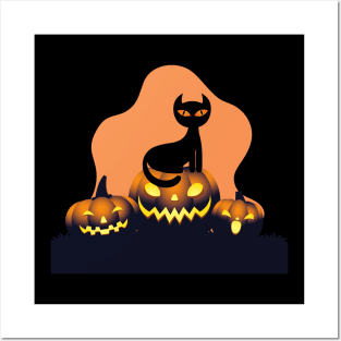 Halloween Spooky Pumpkins Black Cat and Happy Fall Season Autumn Vibes Happy Halloween Posters and Art